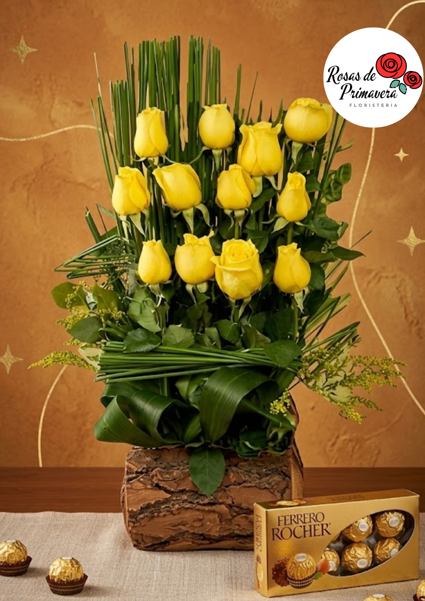 arreglo floral con 12 rosas amarillas + chocolates