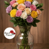jarrón con 12 rosas arcoiris