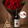 ramillete de rosas, vino y chocolates
