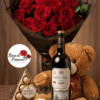 bouquet de rosas, vino, peluche, globo y chocolates
