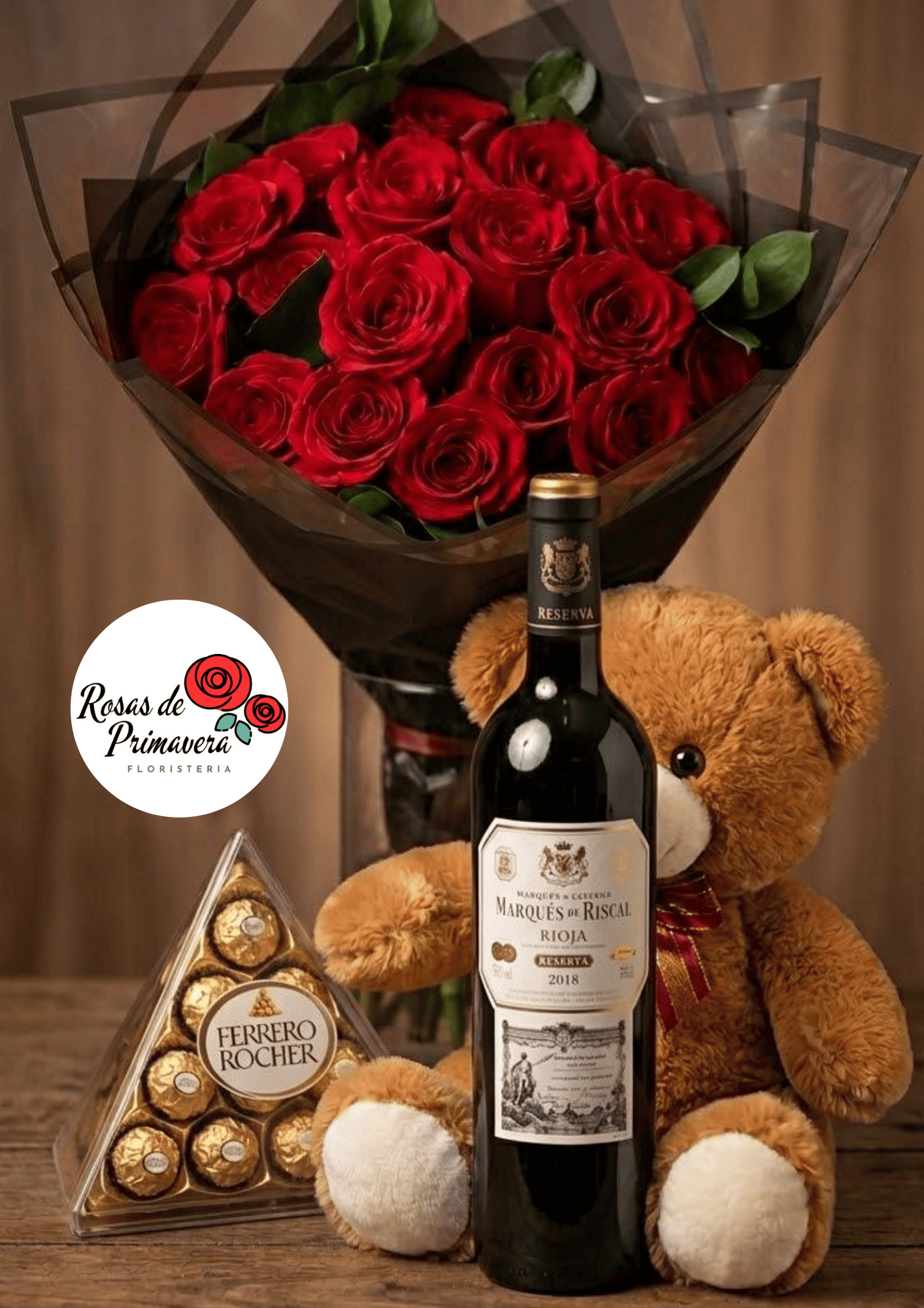 bouquet de rosas, vino, peluche, globo y chocolates